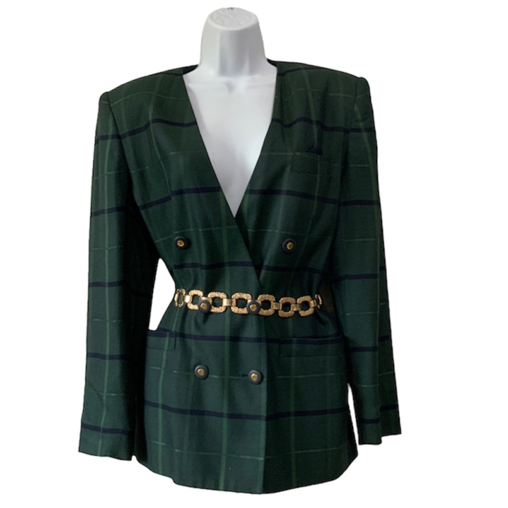 Vintage Green & Dark Navy Window Pane Plaid Double Breasted Blazer Size 10